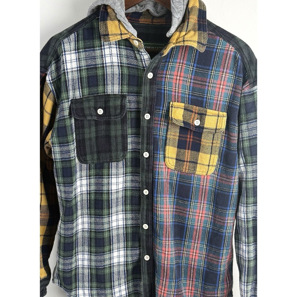 American Eagle Patchwork Flannel Hoodie‎ Shirt Mens Medium Plaid Button Front